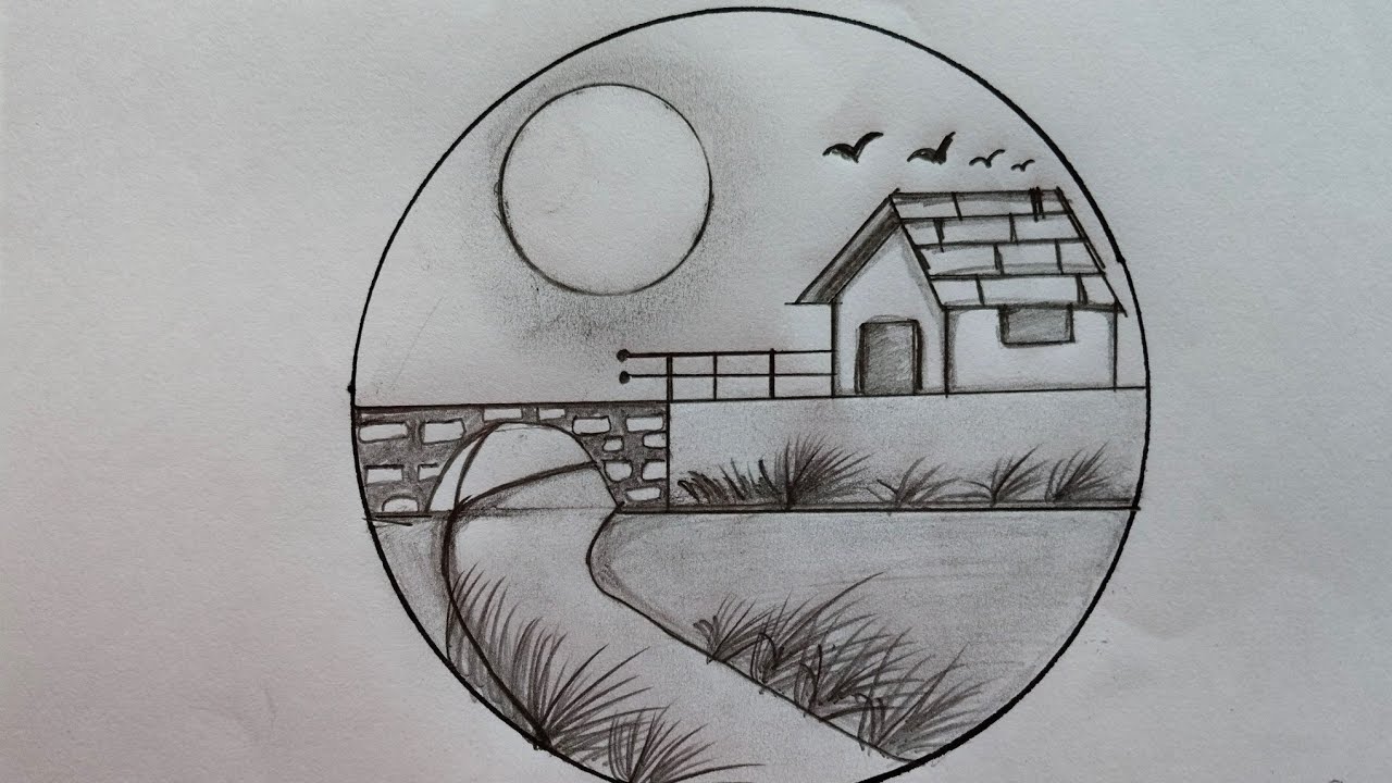 How to draw a village landscape scenery in circle drawing - pencil ...