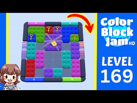 Color Block Jam Level 169 cross-lock center layout with green upper-left cluster and blue upper-right cluster opening frame