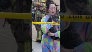 Firefighter hands kitten over to woman in Lapeer, Michigan he had just rescued in a fire.
