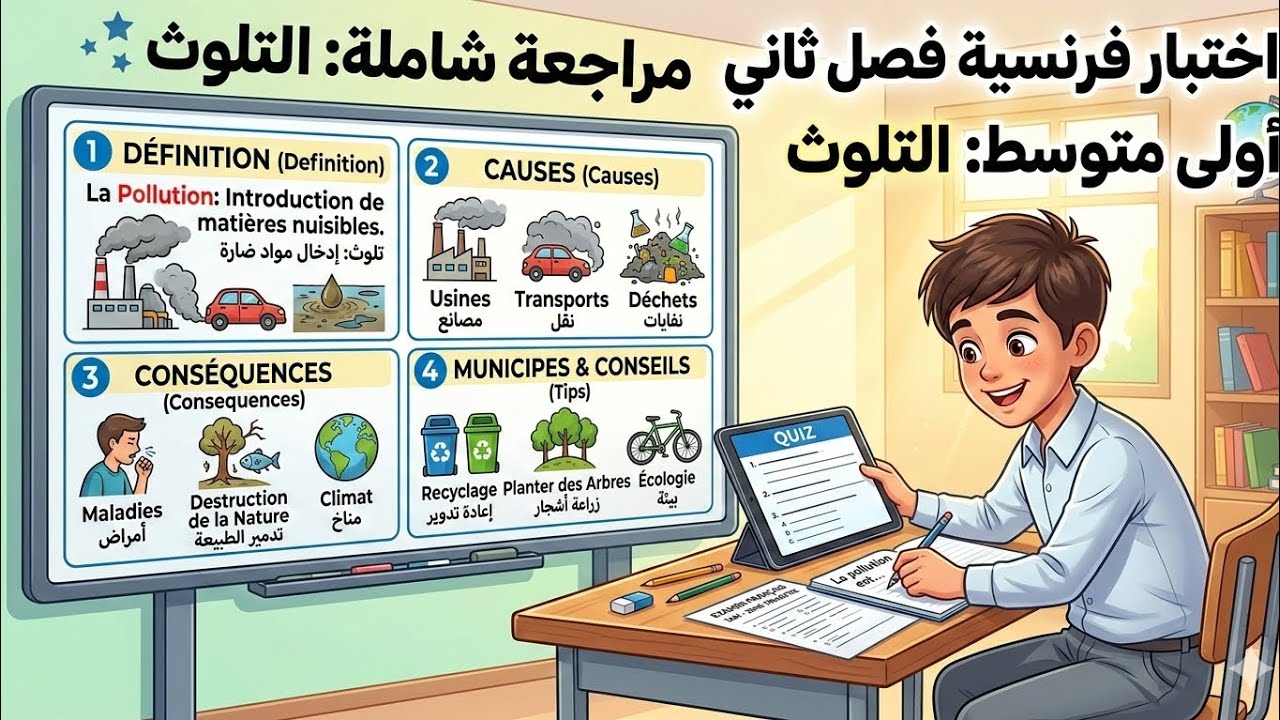 اختبار الفصل الثاني فرنسية 1AM: مراجعة شاملة من الصفر (شرح مبسط لكل الدروس).