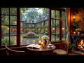 Warm Rainy Coffee House ☕ Calm Jazz Piano &amp; Crackling Fireplace for Sleep &amp; Focus