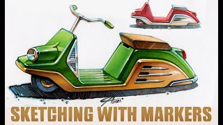 Vintage style electric scooter fiberglass body project. Drawing with a sketch markers.
