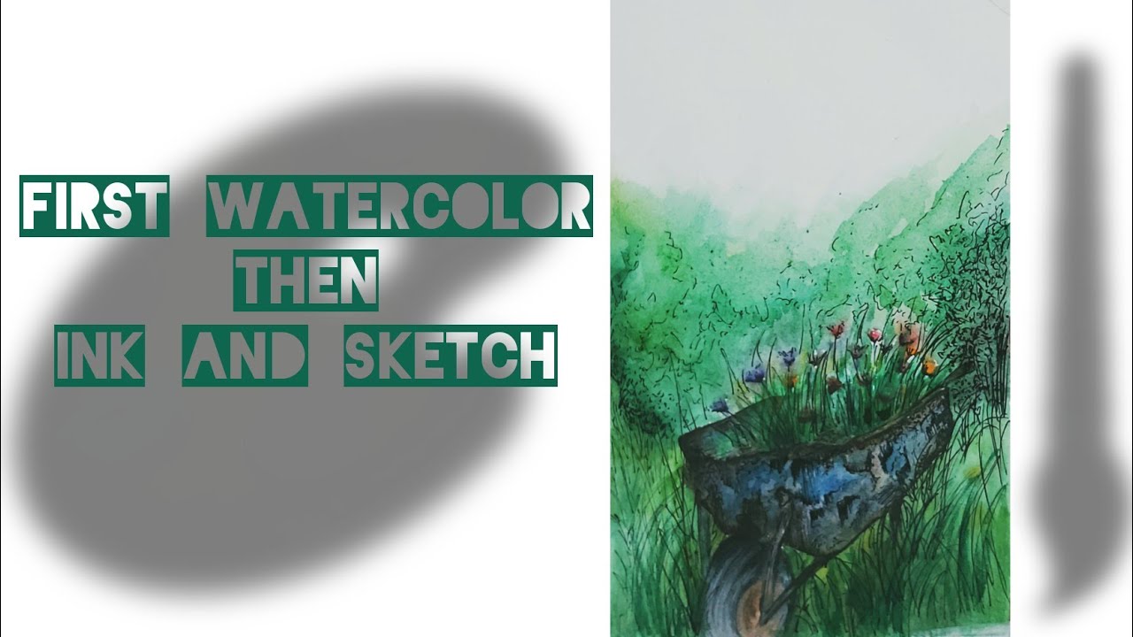 Paint a pretty landscape using watercolor and ink sketching - YouTube