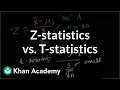 Z-statistics vs. T-statistics | Inferential statistics | Probability and Statistics | Khan Academy