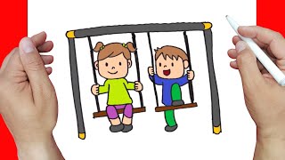 Como Dibujar Unos Niños Jugando En Un Columpio Paso A Paso Y Muy Facil - Dibujos Para Colorear