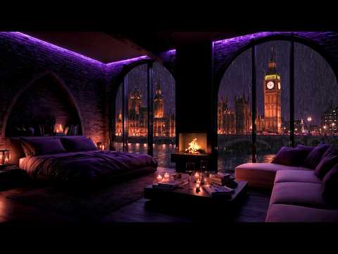 😴 Luxury London Rain Night Ambience 🌧️ Cozy Fireplace & Big Ben View for Deep Sleep, Relaxation