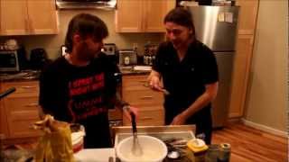 Beer battered corn dogs in candied bacon recipe!