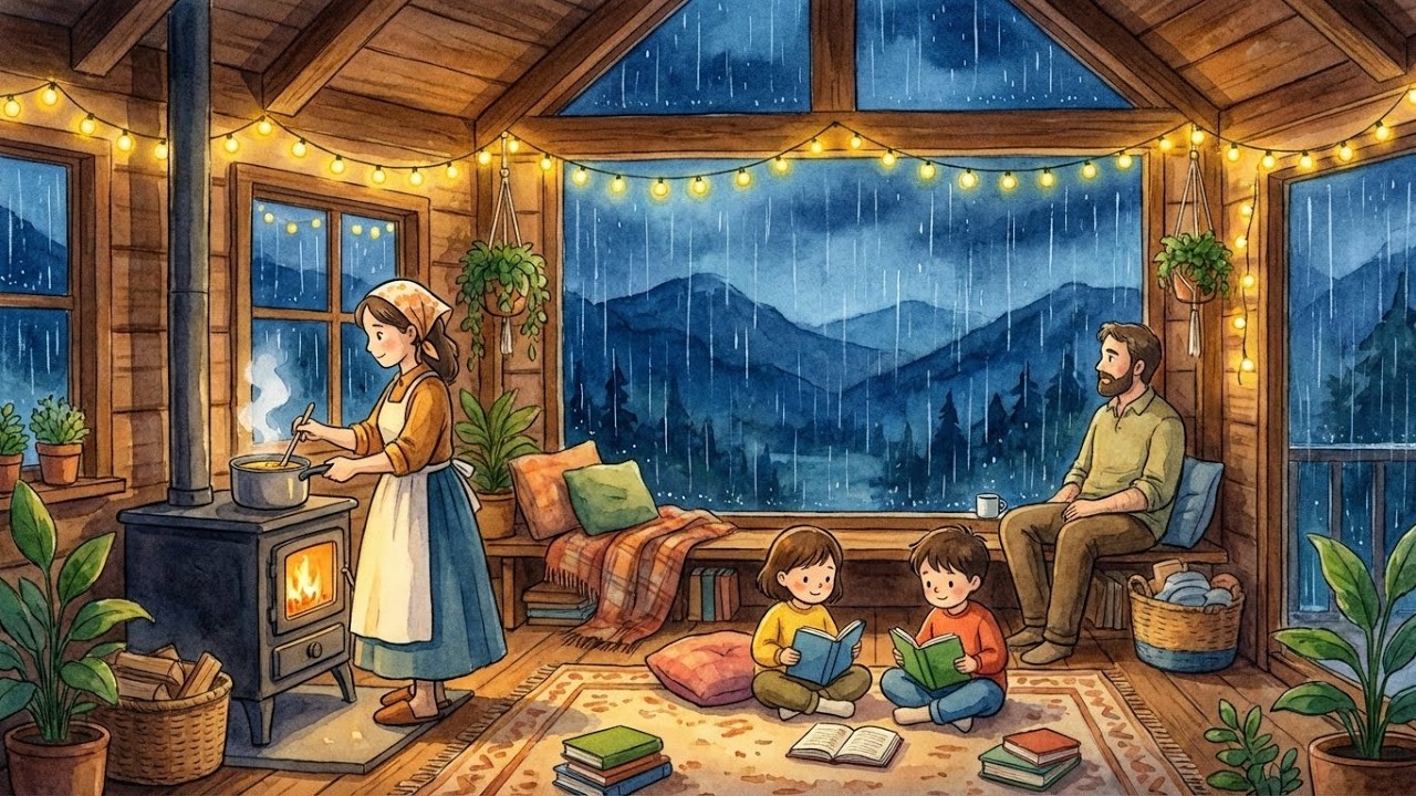 A Cozy Family Night in the Rain | Quiet Life in a Mountain Cabin