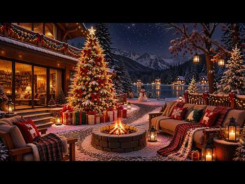 Cozy Winter Porch Ambience 🎄 Christmas Jazz Music, Fireplace Crackles & Soft Snowfall
