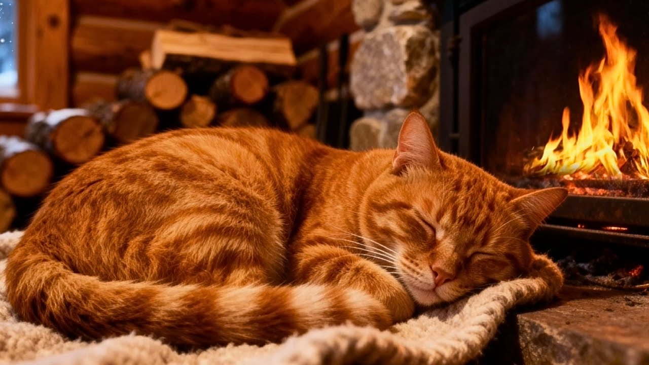 🐈Sleeping Orange Cat by Fireplace 24/7 | 🔥Crackling Fire Sounds