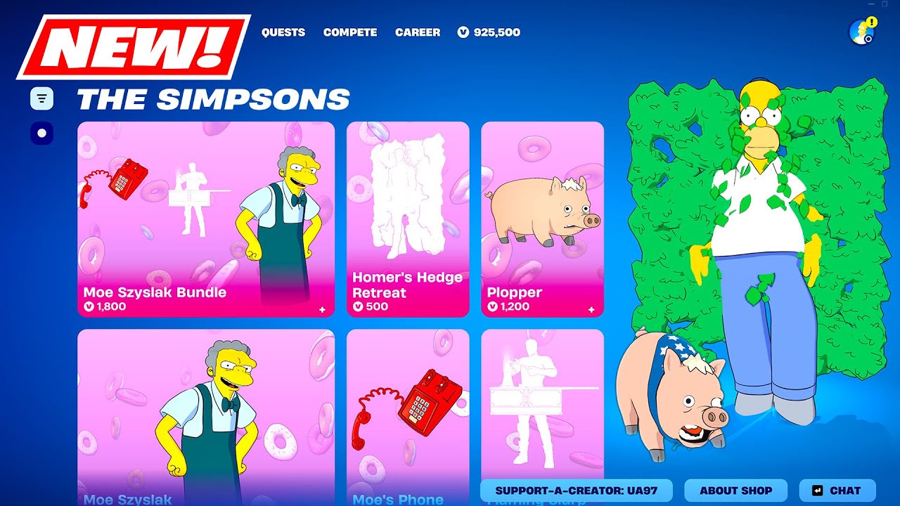 NEW Simpsons Item Shop BUNDLES Fortnite (Moe Szyslak, HOMER BUSH meme Emote, Spider-Pig Sidekick)