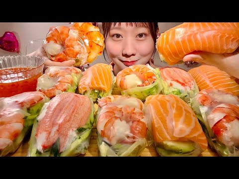 ASMR 巨大生春巻き【咀嚼音/ Mukbang/ Eating Sounds】【日本語字幕】