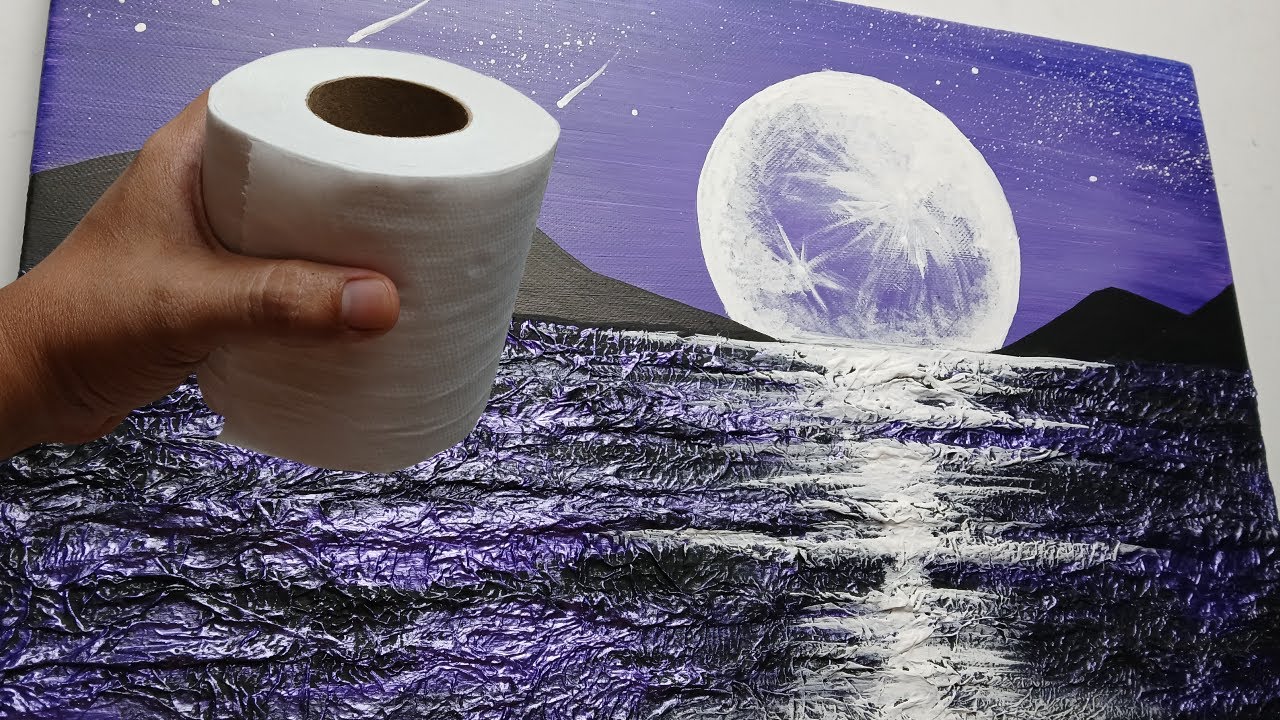 Textured Seascape Painting with Full Moon / Toilet Paper / Purple Acrylic