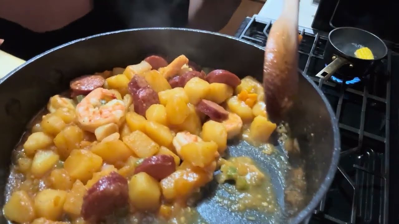 Cajun style potatoes with sausage and shrimp ￼