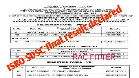 ISRO SDSC FITTER RAC final result out final list Jari