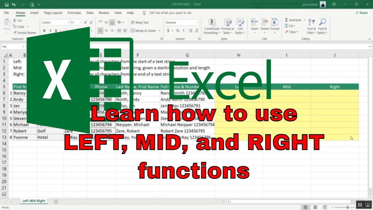 How to use Left, Mid and Right in Excel - YouTube