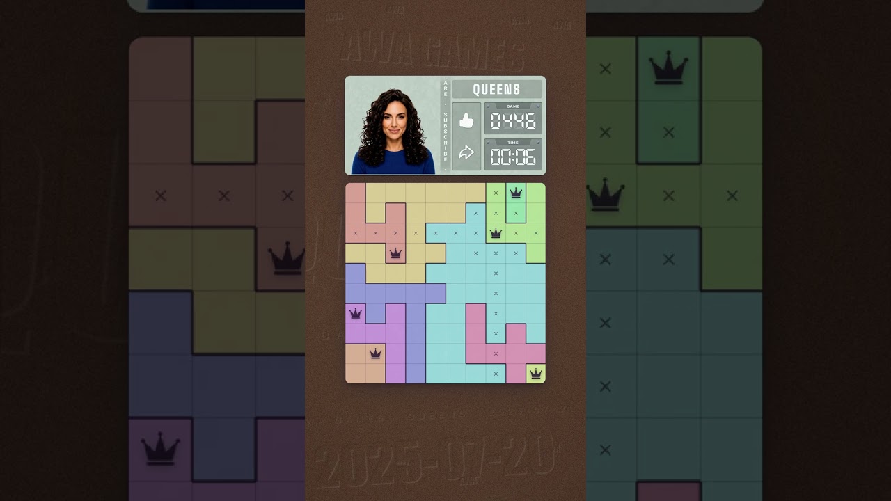 LinkedIn Queens #446 solved board for July 20, 2025, 10x10 grid