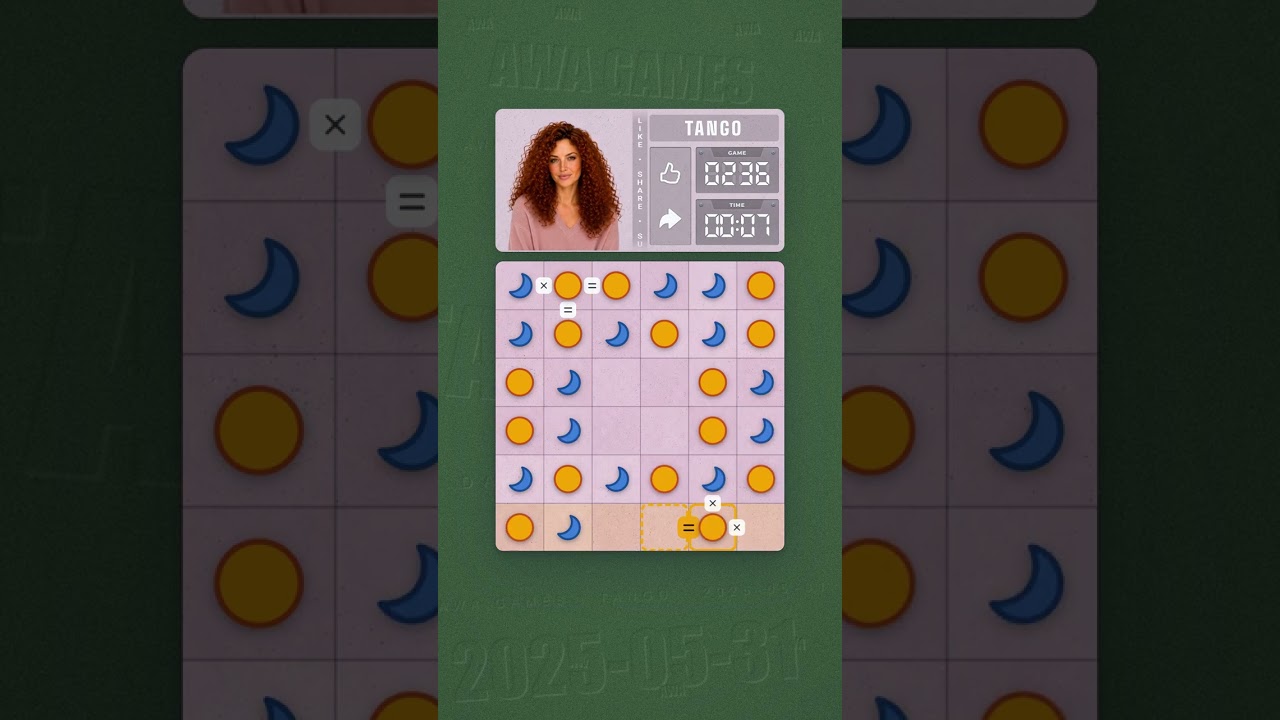 LinkedIn Tango #236 solved board for May 31, 2025, 6x6 grid