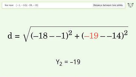 Find the distance between two points p1 (-1,-14) and p2 (-18,-19): Step-by-Step Video Solution