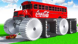 School Bus Coca Cola with SAW & Square Wheels BTR BIGFOOT vs Cars in Teardown!