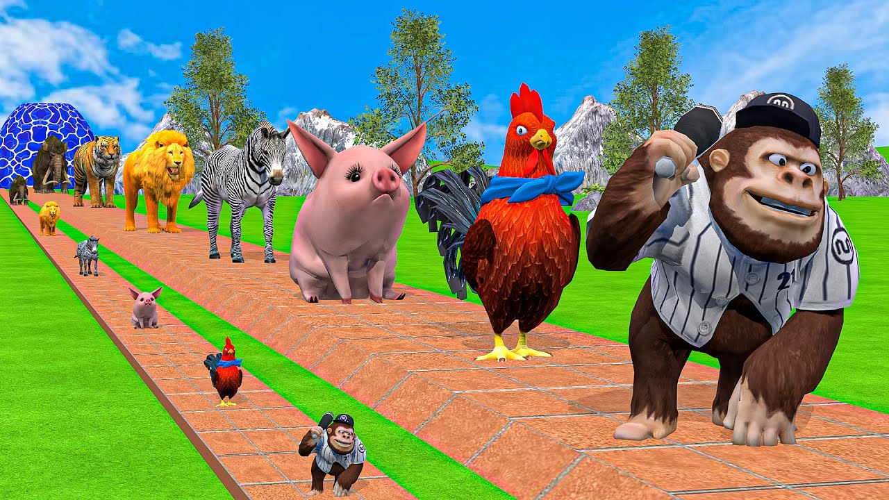 Long Slide Game With Cow Elephant Gorilla Hippopotamus Tiger - 3d Animal Game - Funny 3d Animals