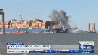 Crews conduct controlled demolition of Baltimore bridge wreckage