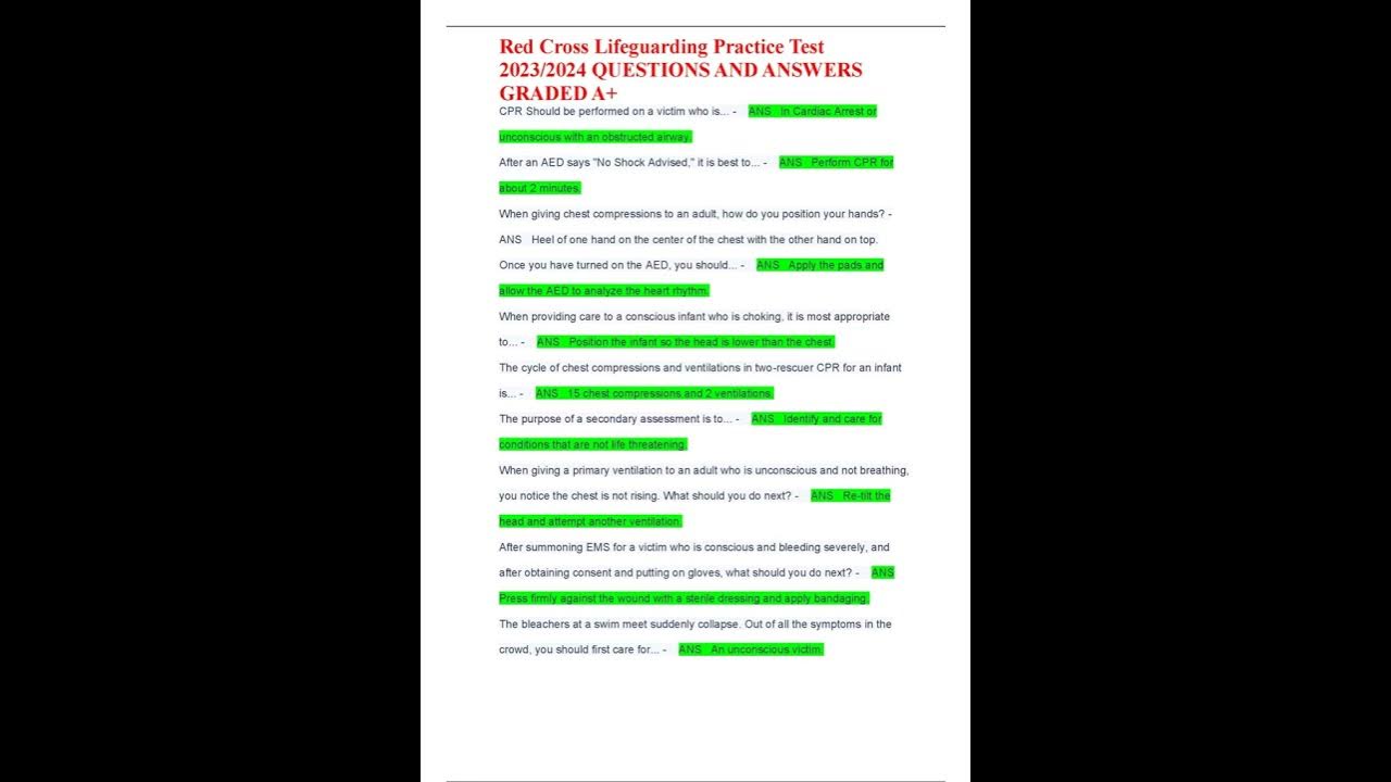 Red Cross Lifeguarding Practice Test 2023/2024 QUESTIONS AND ANSWERS