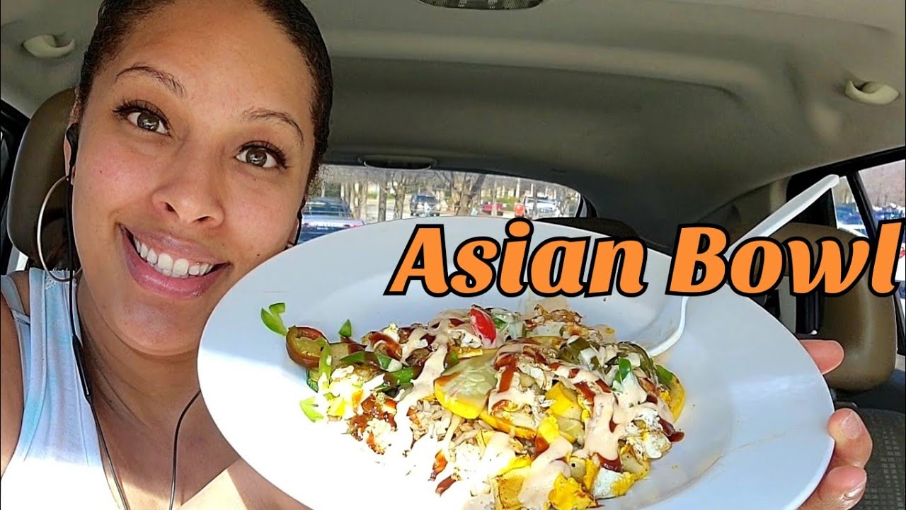 Asian Bowl brown rice, peppers, onions, Mozzarella cheese, eggs, yum