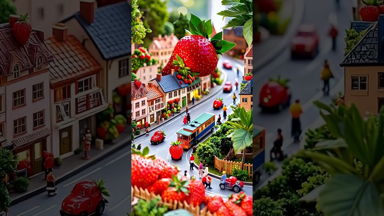 [Miniature AI] A whimsical miniature town where strawberries are part of everyday life