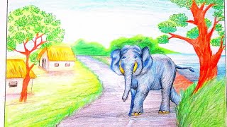 رسم فيل في منظر طبيعي جميل بالألوان  الخشبية How to Draw a Beautiful Scenery with an Elefant ️️