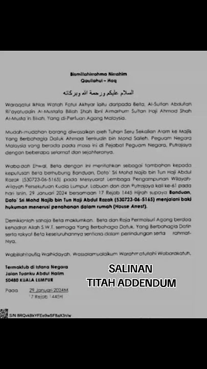 Salinan Titah Addendum Tahanan Rumah terhadap DS Najib Razak