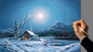 Acrylic Landscape Painting  Full Moon Winter / Easy Art / Drawing Lessons / Satisfying Relaxing.