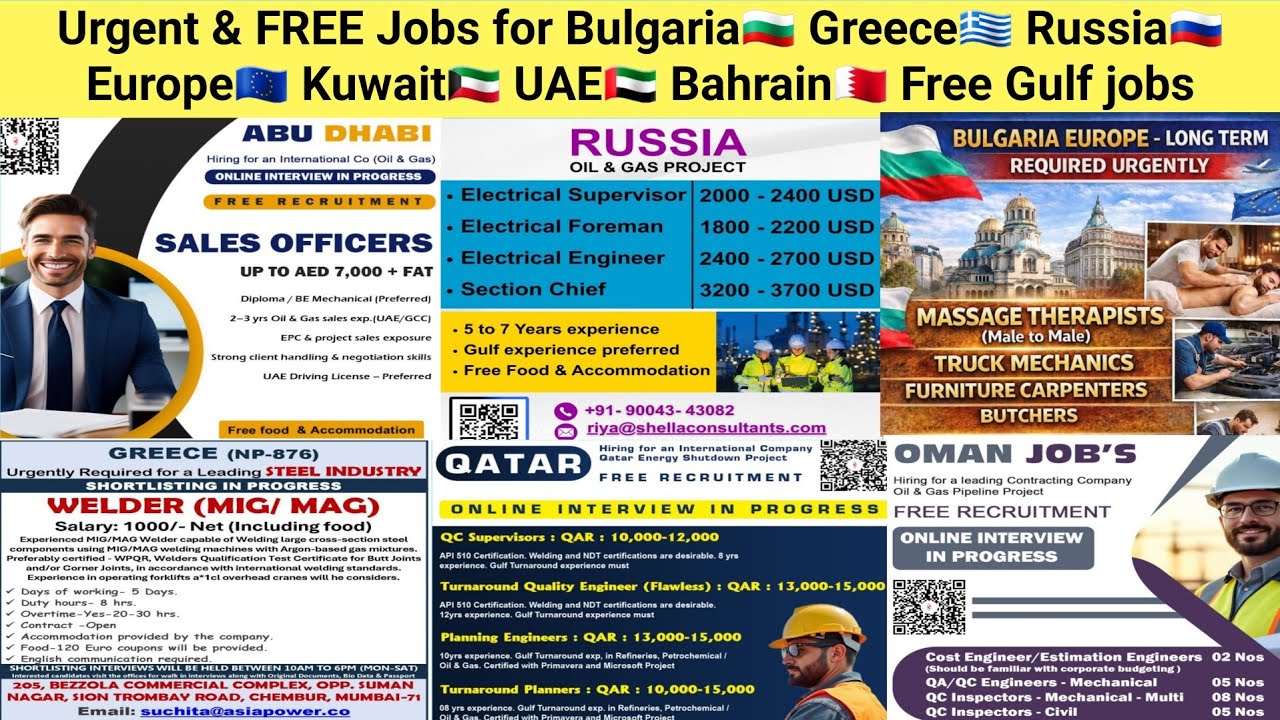 Urgent & FREE Jobs for Bulgaria🇧🇬 Greece🇬🇷 Russia🇷🇺 Europe🇪🇺 Kuwait🇰🇼 UAE🇦🇪 Bahrain🇧🇭 Free Gulf jobs