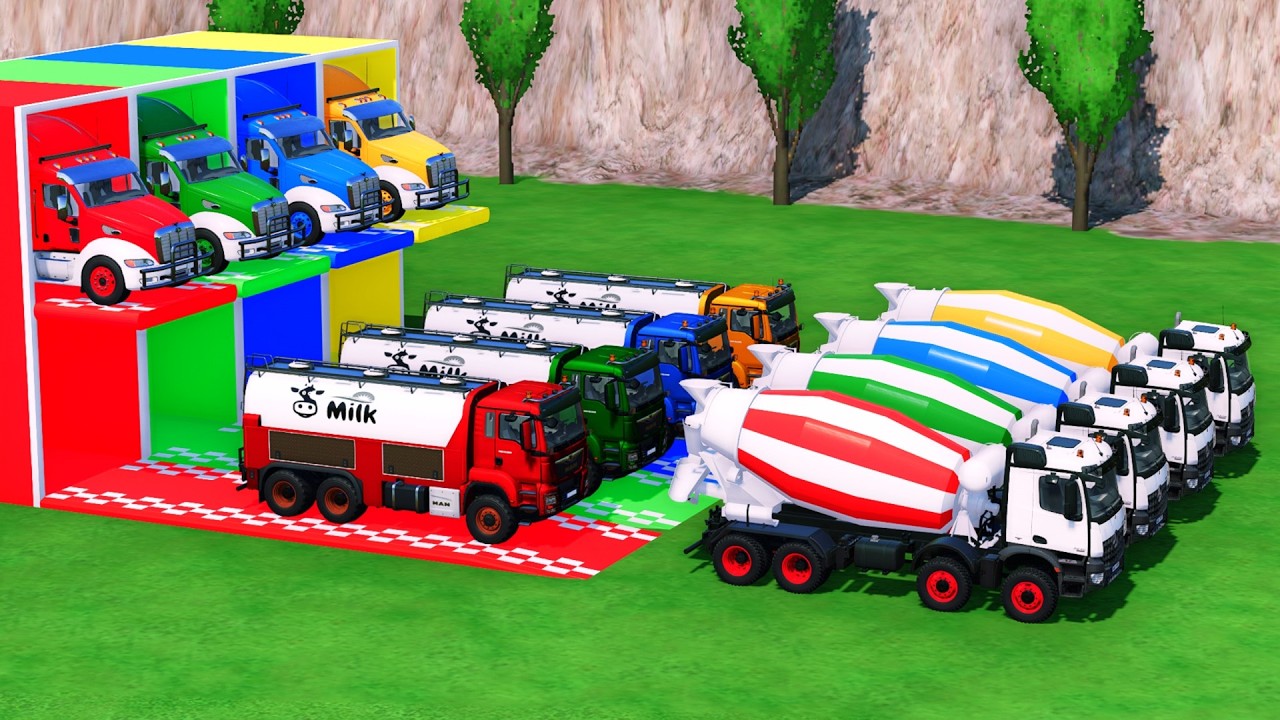 Colorful HUGE Trucks - Transporting Police Cars and Mixer Truck With Flatbed Trailer MAN MACK #120