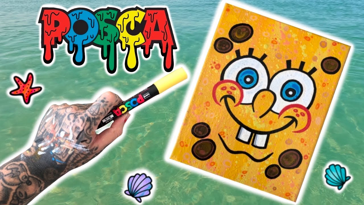 🍍How To Draw Spongebob On Canvas With POSCA Markers🍔 posca spongebob
