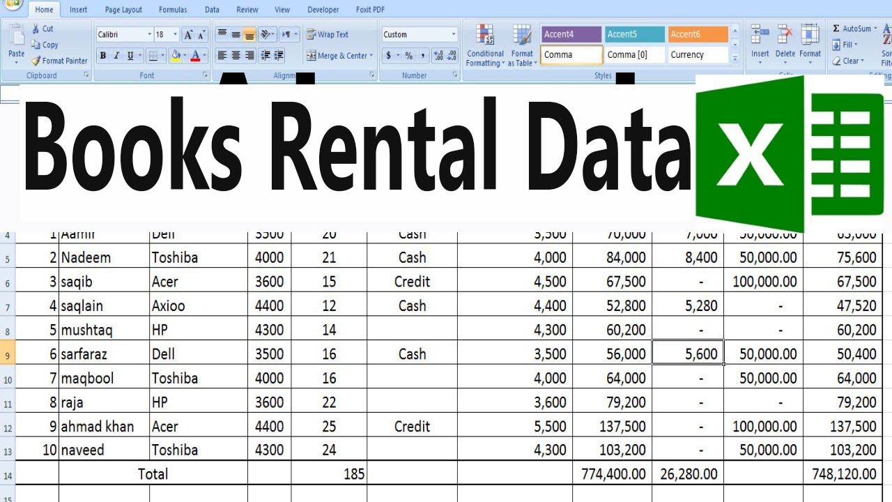 Books Rental Data in Excel Automatic Record of Rental Books by