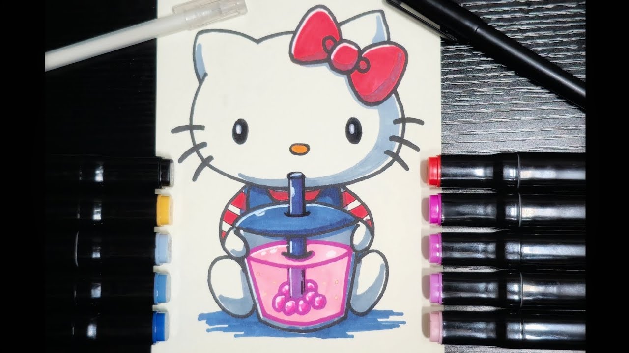How To Draw Cute Hello Kitty Drinking Boba | drawing for kids and ...