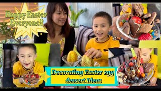 Liam and Mommy having fun decorating the Easter Eggs dessert Ideas with Ice cream and fruits.