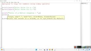 Program to swap two numbers using comma operator in Python using IDLE
