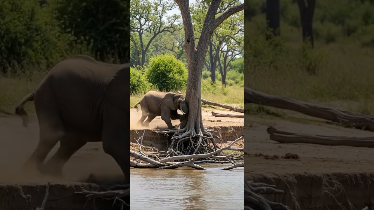 Elephant Pushes Down a Tree into the River
