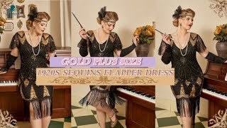 Women Plus size 1920s Flapper Dress Golden Sequin Fringes Vintage Gatsby Dress | ZAPAKA