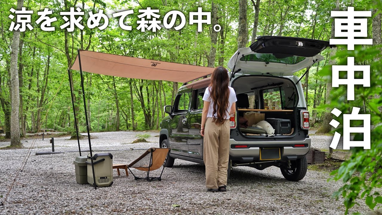 ［車中泊］涼を求めてひとり森の中。カーサイドタープで快適な車中泊／summer car camping