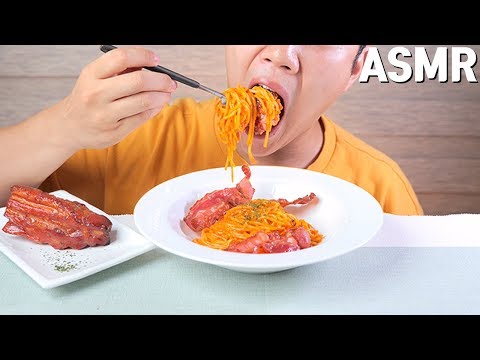 ASMR Buldak <strong>carbonara</strong> Eating sounds! Spicy pasta | 불닭 까르보 파스타 통삼겹 베이컨 이팅사운드 노토킹
