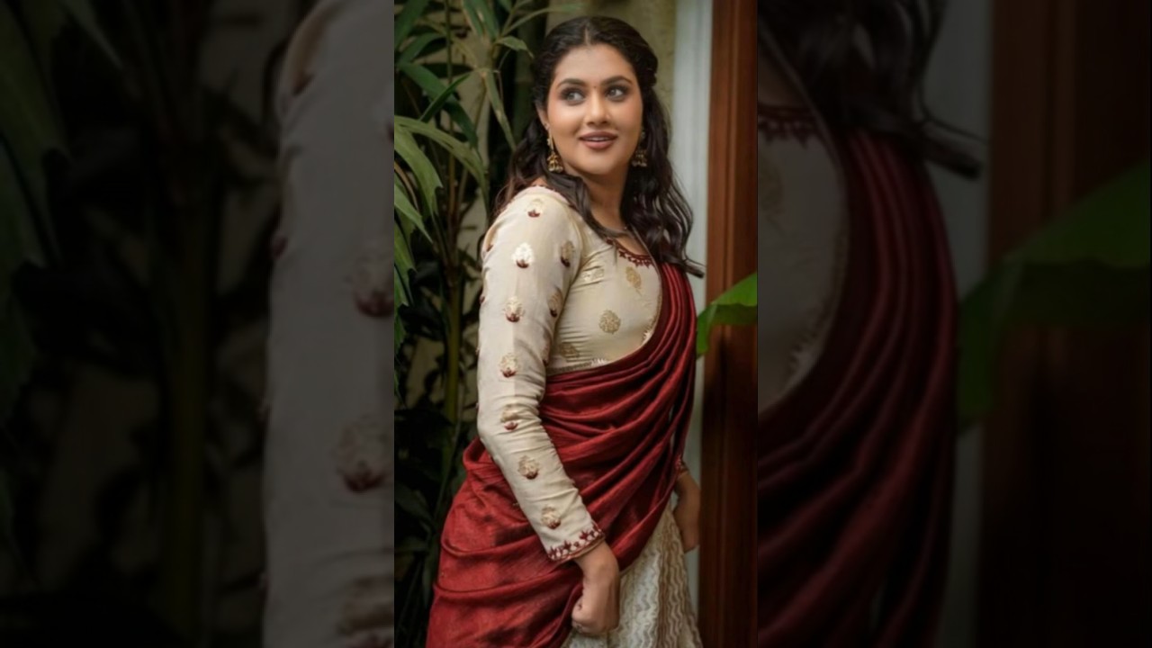 🌸 Elegant Beige Blouse with Maroon Saree | ✨ Gold Earrings & Playful Smile | 💖 Graceful Look