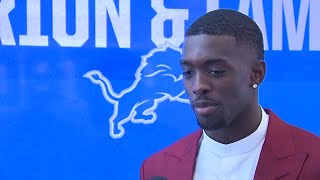 Lions first round pick Terrion Arnold talks with Jeanna Trotman after his introductory presser