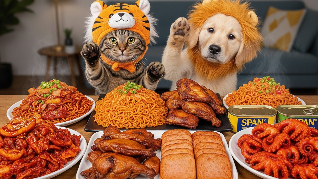 АСМР МОКБАНГ | Острая лапша мала, копченая курица, консервированное мясо и острый пир из осьминогов!