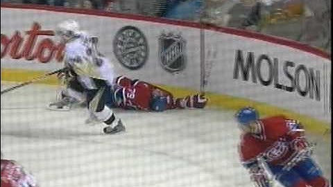 Matt Cooke crosschecks Andrei Markov in the lower back
