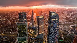 Fiery sunset over Moscow City [Drone 4K 60fps]