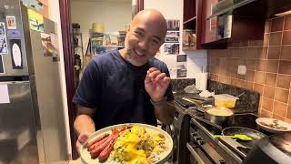 Longsilog w/ cheesy mushroom eggs & brown rice for breakfast