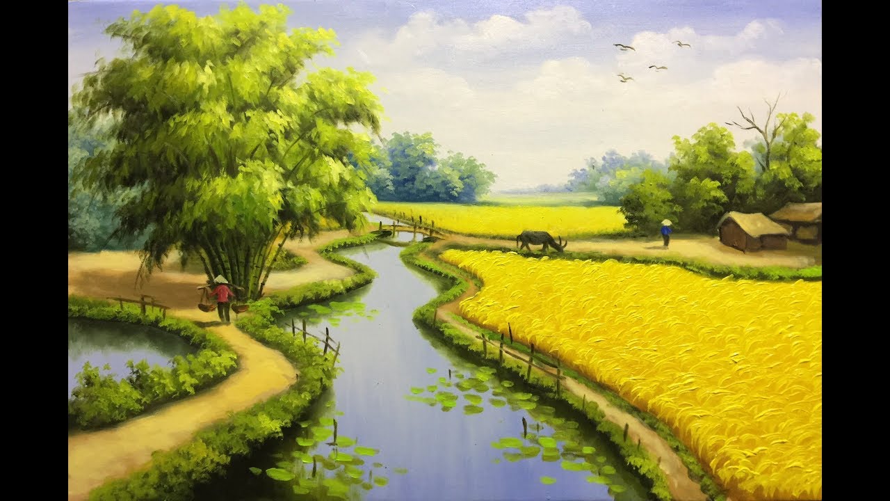 kỹ thuật vẽ tranh phong cảnh _quê hương với những cánh đồng lúa chín _ sơn  dầu - YouTube